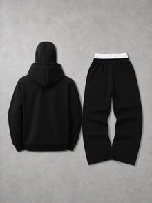 YUNCHIC Dark Style Hooded Face-Covering Sweatshirt And Loose Sweatpants With Cross Print, Casual 2 Pieces Set For Men, Autumn/Winter - Black - View 5