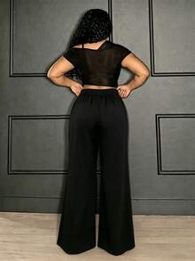 Women's Elegant Vintage Split Contrast Lace Wide Leg Pants, Suitable For Dates, Parties And Occasions - Black - View 2