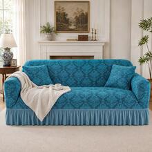1pc Vintage Woven Jacquard Pattern Skirted Full Coverage Elastic Sofa Cover, Dust-Proof And Stain-Resistant, Stretchable One-Piece Full Coverage Sofa Protector, Living Room Home Decor, Machine Washable - Blue - View 2