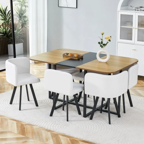 Dining Table Set – Table With Wood Grain Surface & Black Metal Frame, For 4-6 People, Ideal For Kitchen & Living Room - Black,Natural Wood,White - View 1