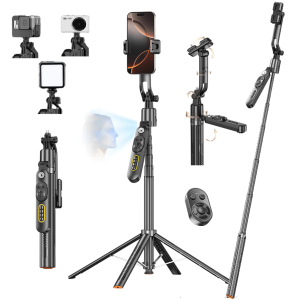 JIDITECH Trípode Selfie Profesional 1.8 m para Celular con Seguimiento Facial AI, Estabilizador de Video, Rotación 360°, Bluetooth, Control Remoto Recargable, Compatible con iPhone y Android, Ideal para TK, TK Live, Streaming y Grabación de Video