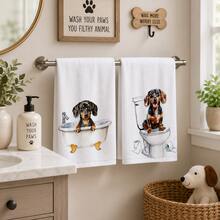 2pcs White Dachshund Pattern Bathroom Towels, Fun Cartoon Style Soft Fabric Rectangular Bathtub Toilet Dog Print Absorbent Hand Towels, Suitable For Bathroom, Washroom, Guest Bathroom, Housewarming Celebration, Daily Home Use, 4/6/8pcs Combination Pack - Multicolor - View 4