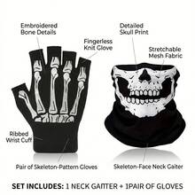 Halloween Skeleton Costume Set, Skull Print Neck Gaiter Face Mask & Half‑Finger Bone Gloves, Cosplay Party Dress‑Up Outfit Accessories For Men Women - Black and White - View 10