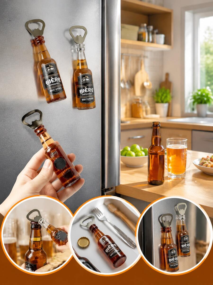 Creative Beer Bottle Shaped Bottle Opener, 2 Colors Available, Multi-Functional Home Fridge Magnet, Fun Magnetic Bottle Opener, Kitchen Decor & Bar Accessory - View 1