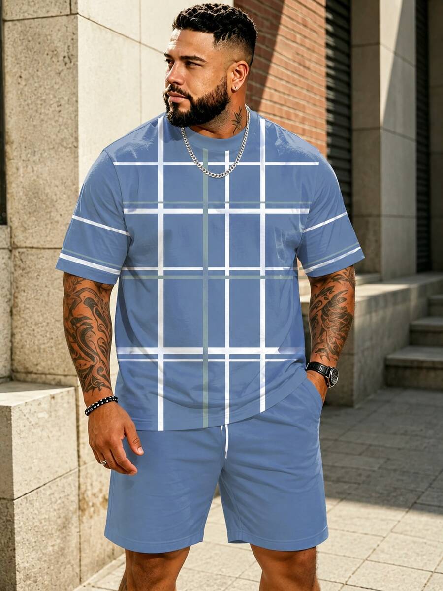 Set de 2 piezas Talla grande GRANDE y ALTA Parte superior con estampado a cuadros azul claro y blanco + Shorts a juego, Estilo casual de calle estadounidense Conjunto retro a cuadros de verano deportivo - Azul - Ver 1