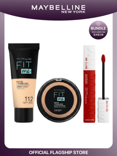 Maybelline [مجموعة مكياج] كريم أساس فيت مي مطفي وخالي من المسام + بودرة فيت مي مطفية وخالية من المسام + أحمر شفاه سائل سوبر ستاي مطفي