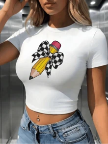 Pencil Checkered Bow Graphic Crop Top For Women, Cute Short Sleeve Fitted Cropped T‑Shirt, Soft Stretchy Summer Back To School Tops - 白色 - 查看 2