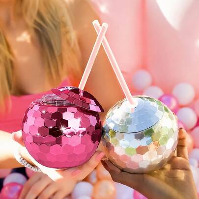 1/5pcs Creative Round Sequin Ball Cup, Single Layer Spherical Straw Cup, Party Disco Fashion Plastic Cup, Suitable For Party, Holiday Gathering, Iced Coffee, Juice Party, Perfect For Sisters And Best Friends