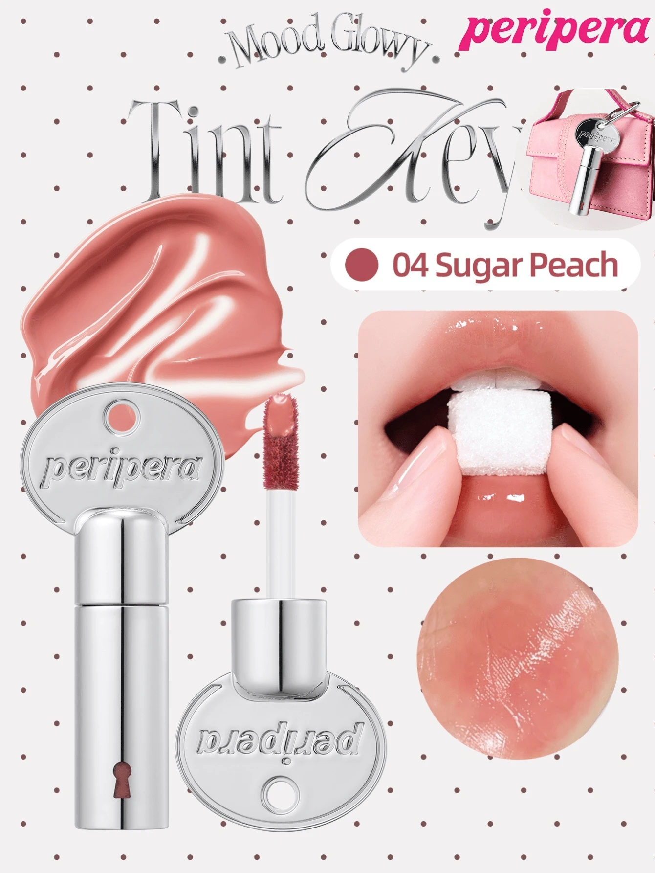 Peripera 2.4 G MOOD GLOWY TINT KEY 化妝品吊飾液體唇彩棒，豐盈果凍光澤透亮亮澤，不乾澀長效持色唇蜜鑰匙圈，可穿戴美妝配件，可用作包包掛飾，K-Beauty
