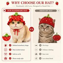 Cute Strawberry Crochet Pet Hat, Handmade Fruit Shaped Hat With Ear Holes And Ties, Suitable For Cat Photo Props, Party, Birthday And Daily Dress Up - Multicolor - View 8