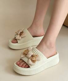 Nuevas sandalias de mujer para el verano con suela gruesa,  Decoración de corazón de diamantes de imitación,sandalias casuales de mujer para vacaciones, viajes, fiestas en la playa, - Champán - Ver 4