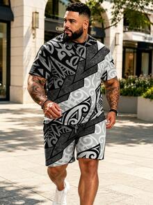 2pcs Plus Size Big & Tall Polynesian Totem Graphic Set | Geometric Lightning Patchwork American Street Hardcore Style Outfit Sports Summer - Multicolor - View 1