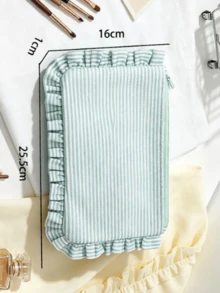 Ruffle Trim Striped Makeup Bag, Soft Fabric Zipper Cosmetic Pouch, Portable Travel Toiletry Organizer - Multicolor - View 9