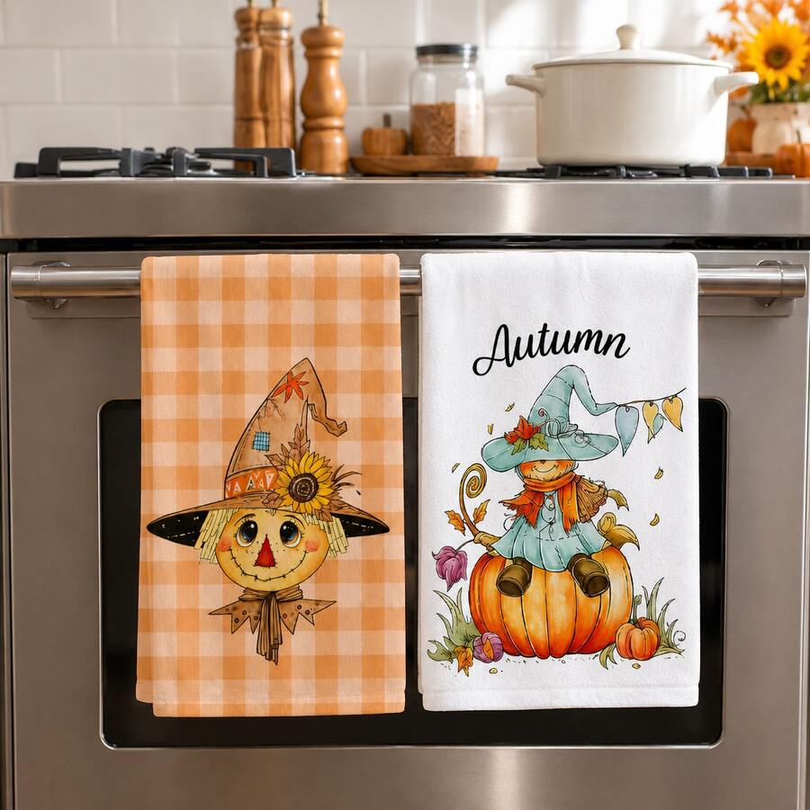 2pcs Orange Plaid Scarecrow Pumpkin Pattern Kitchen Towels, Autumn Country Farmhouse Style Cartoon Print Absorbent Hand Towels, Suitable For Autumn Kitchen, Harvest Season, Halloween, Thanksgiving, Family Gathering, Home Decor 4/6/8pcs Set - Multicolor - View 1