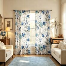 2pcs Refreshing Watercolor Floral Curtains, White Background With Blue Flower Patterns, Rod Pocket Design, Provides Privacy And Easy Installation, Ideal For Home Windows - Multicolor - View 8