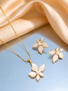 1 Set Sweet Pink Enamel Flower Pearl Pendant Necklace & Earrings Jewelry Set, Personalized Fashion Women's Jewelry, Suitable For Daily Wear, Party And Holiday Gift - Flower - View 1