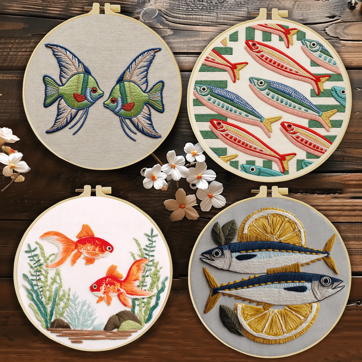 1件 20*20cm/7.9*7.9in 不同魚類刺繡套件，DIY手工刺繡套裝，適合成人初學者，居家禮物，女性縫紉禮物，包含使用說明書、印花布料、刺繡框、針與線