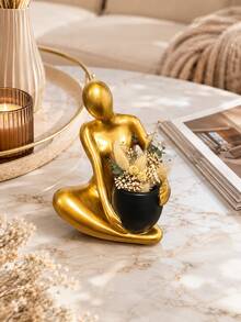 1件金色跪姿抽象雕塑風花瓶裝飾品，結合北歐奢華公寓露台裝飾風格與極簡藝術美學；波希米亞中性家居裝飾，適用於客廳、戶外露台、陽台、玄關桌及現代家居裝飾 - A - 查看 3