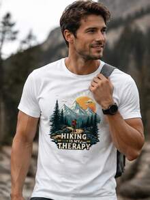 Men's "HIKING IS MY Relax" Graphic T‑Shirt, Short‑Sleeve Crewneck, Lightweight Comfort Casual Top For Autumn Daily Outfits, Local Shipping - White - View 2