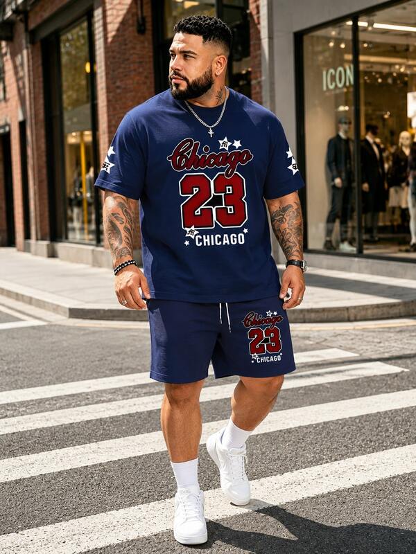 2pcs/Set Plus Size Men's Street Style Set, Chicago 23 Graphic Print Short Sleeve T-Shirt + Shorts, American Casual Cool Sports