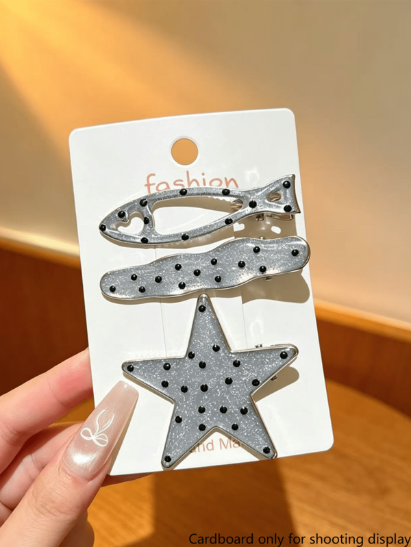 3 Pcs Korean Ins‑Style Glitter Polka‑Dot Hair Clips, Cute Star & Fish Side Alligator Clips For Girls Bangs & Broken Hair