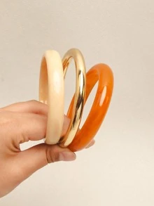 3pcs Multi-Color Resin Ring Bracelet Set, Casual Stackable Women's Delicate Minimalist Jewelry Set For Daily Wear And Party Occasions - Orange Tones - View 1