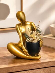 1件金色跪姿抽象雕塑風花瓶裝飾品，結合北歐奢華公寓露台裝飾風格與極簡藝術美學；波希米亞中性家居裝飾，適用於客廳、戶外露台、陽台、玄關桌及現代家居裝飾 - A - 查看 1