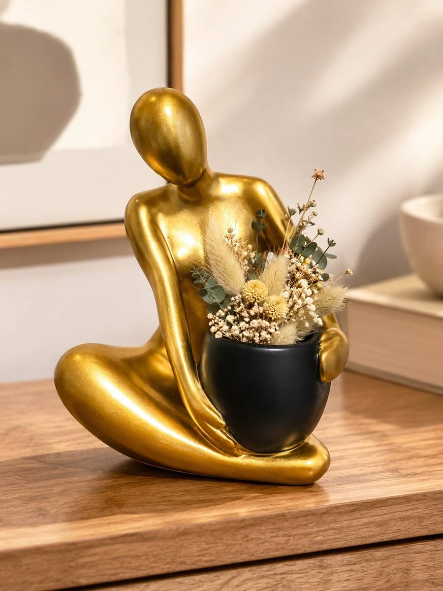 1件金色跪姿抽象雕塑風花瓶裝飾品,結合北歐奢華公寓露台裝飾風格與極簡藝術美學;波希米亞中性家居裝飾,適用於客廳、戶外露台、陽台、玄關桌及現代家居裝飾 - A - 查看 1