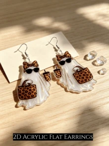 2D Flat Acrylic Ghost Earrings, Leopard Print Bow Fashion Glasses Ghost Dangle Earrings, Halloween Sweet & Cool Ghost Accessories Women's Gift - Leopard Print Bow Ghost - View 7