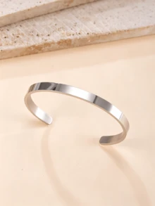 1pc Fashion Stainless Steel Wide Open Cuff Bracelet, Smooth C-Shaped Bangle, Suitable For Daily Wear - Silver - View 3