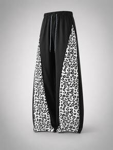 Women's Leopard Print Patchwork Wide Leg Pants, Drawstring Elastic Waist, High Waist Loose Casual Street Style Long Pants Sweatpants - Black and White - View 3