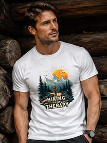 Men's "HIKING IS MY Relax" Graphic T‑Shirt, Short‑Sleeve Crewneck, Lightweight Comfort Casual Top For Autumn Daily Outfits, Local Shipping - White - View 4