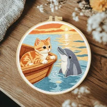 1PC 20*20cm/7.9*7.9in,Cat And Fish Embroidery Kit, DIY Handmade Embroidery Set For Adult Beginners, Home Gift, Women's Sewing Gift, Including User Manual, Printed Pattern Fabric, Embroidery Frame, Needle And Thread. - Cat and Fish - View 5