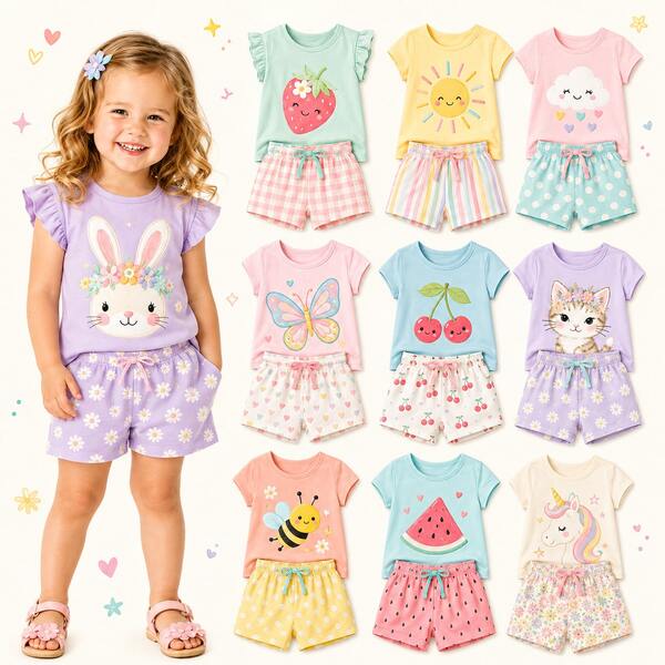 Kit 4 Peças Roupa Infantil MENINA VERÃO KIT 2 Conjuntos de Verão Feminino Conjunto de Verão com estampas fofas de Menina Volta as Aulas Moda Praia Verão, conjunto confortável e fashionista