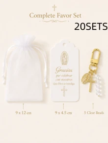 1 Set/10 Sets/20 Sets Spanish Baby Baptism Favor Set, White Gauze Gift Bag + Gold Virgin Mary Cross Keychain + Gracias Thank You Card, Baptism Baby Party Decoration, Church Baptism Memorial Gift, Guest Favor, Religious Blessing Small Gift, Suitable For Boy/Girl Baptism Banquet, Mexican Family Gathering, US Latino Baby Shower, Catholic Sacrament Celebration Table Decor And Bulk Distribution - Multicolor - View 9