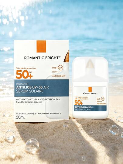 Sérum Protetor Solar RÔMANTIC BRIGHT SPF50+ PA++++, Proteção Ampla UVA UVB, Previne Queimaduras Solares e Manchas Escuras, Contém Ácido Hialurônico, Niacinamida, Vitamina E, Hidratação 24 Horas, Cuidado Solar Diário Leve e Invisível
