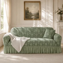 1pc Vintage Woven Jacquard Pattern Hem Style Full Stretch Sofa Cover, No Pillowcase, Dust-Proof & Dirt-Resistant, Elastic One-Piece Full Coverage Sofa Protector, Living Room Home Decor, Machine Washable & Water Washable - Mint Green - View 9