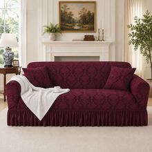 1pc Vintage Woven Jacquard Pattern Skirted Full Stretch Sofa Cover, Dust-Proof And Dirt-Resistant, Elastic One-Piece Full Coverage Sofa Protector, Living Room Home Decor, Machine Washable And Water Washable, Pillowcase Not Included - Redwood - View 3