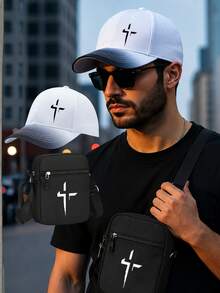 Christian Cross Pattern Printed Baseball Cap & Crossbody Bag Set, Faith Street Style Minimalist Religious Accessory, Unisex, Inspirational Gift - Multicolor - View 2