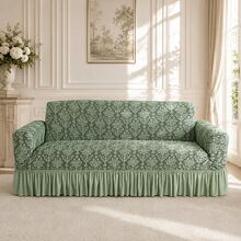 1pc Vintage Woven Jacquard Pattern Hem Style Full Stretch Sofa Cover, No Pillowcase, Dust-Proof & Dirt-Resistant, Elastic One-Piece Full Coverage Sofa Protector, Living Room Home Decor, Machine Washable & Water Washable - Mint Green - View 7
