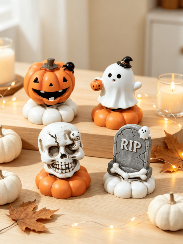 4pcs Halloween Mini Figurine Set, Pumpkin Ghost Skeleton Tombstone Resin Spooky Decor, Cute Sitting Characters With Candles Maple Leaves String Lights, Autumn Shelf Desktop Gift, 2026 Collectible Accent Ornament