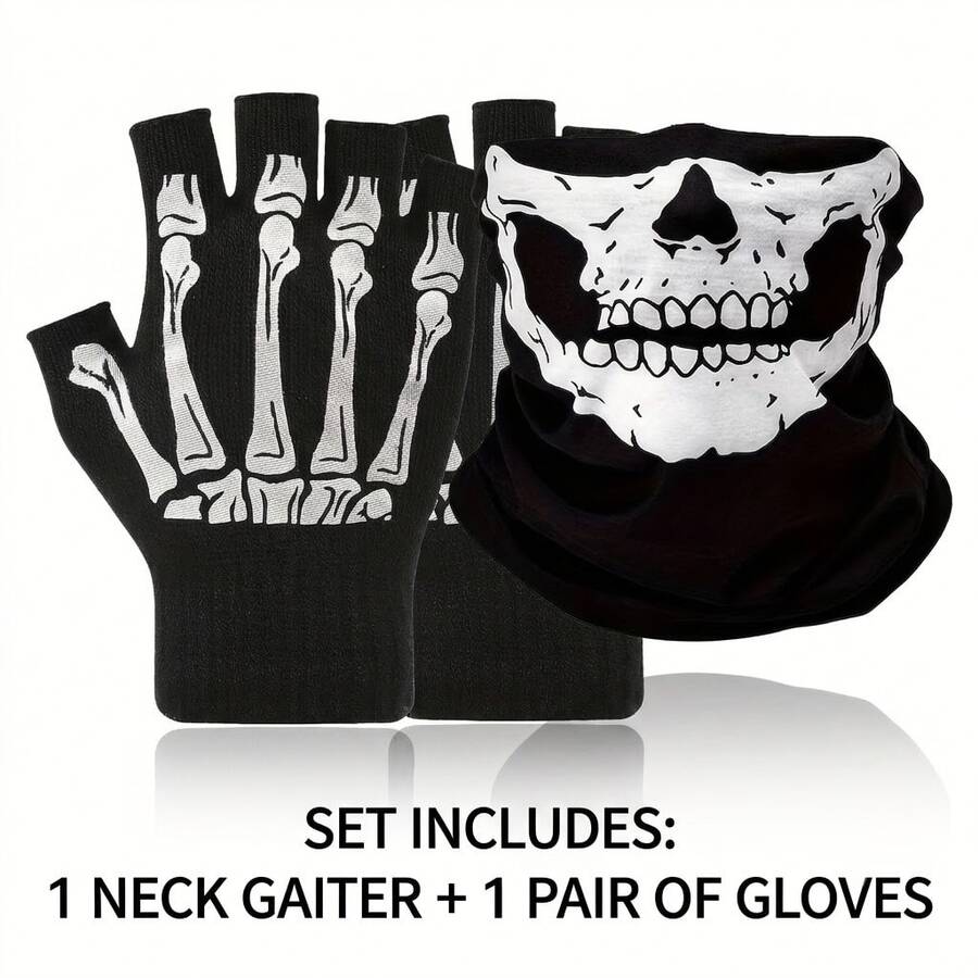 Halloween Skeleton Costume Set, Skull Print Neck Gaiter Face Mask & Half‑Finger Bone Gloves, Cosplay Party Dress‑Up Outfit Accessories For Men Women - Black and White - View 1