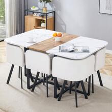 The Dining Set Includes A Table And Chairs – With A White Tabletop And Black Metal Frame, Ideal For The Kitchen, Living Room, And Other Areas, Providing Seating For 4 To 6 People. - 黑色,原木色,白色 - 查看 1