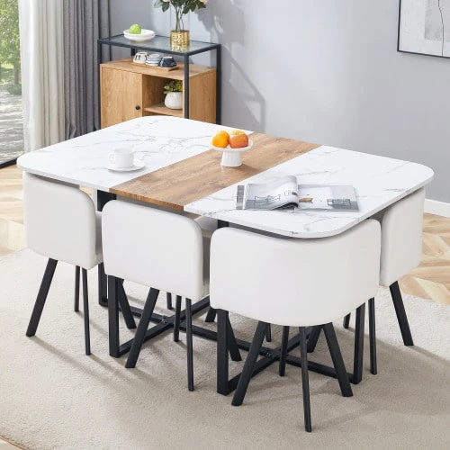 The Dining Set Includes A Table And Chairs – With A White Tabletop And Black Metal Frame, Ideal For The Kitchen, Living Room, And Other Areas, Providing Seating For 4 To 6 People. - 黑色,原木色,白色 - 查看 1