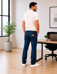 Calça jeans masculina de corte reto com bolsos, fechamento frontal longo com botões (sem elastano). - Lavagem escura - Visão 4