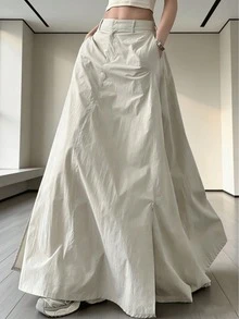 女款時尚休閒百搭高腰寬鬆喇叭長裙，側開衩，純色附口袋裙 - 淺灰色 - 查看 5