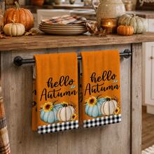 2pcs Orange Autumn Pumpkin Print Kitchen Towels, Rustic Farmhouse Style Rectangular Absorbent Hand Towels, Hello Autumn Lettering, Sunflower And Black & White Plaid Design, Suitable For Thanksgiving Kitchen Decor 4/6/8pcs Set - Multicolor - View 4