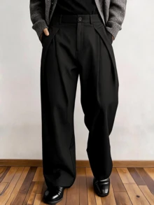 Men's Solid Color Casual Pleated Wide Leg Pants - Black - View 1