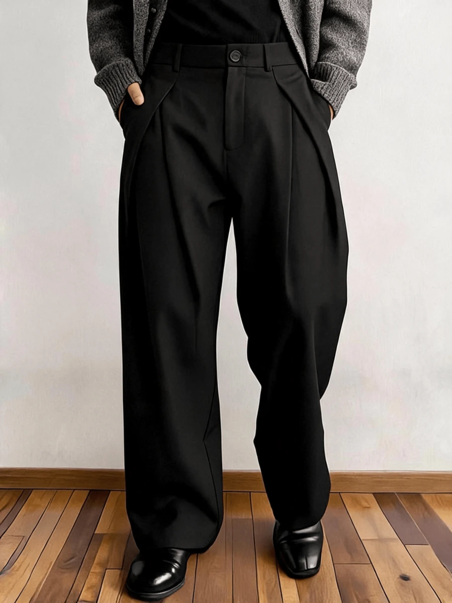 Men's Solid Color Casual Pleated Wide Leg Pants - Black - View 1
