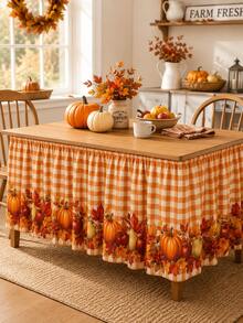 1pc-Thanksgiving Table Skirt, Fall Harvest Border Table Skirt With Pumpkin Apple Pear Maple Leaf Print, Orange Gingham Table Skirt For Dining Table, Buffet Table, Dessert Table, Autumn Party, Thanksgiving Home Kitchen Decoration - Multicolor - View 7